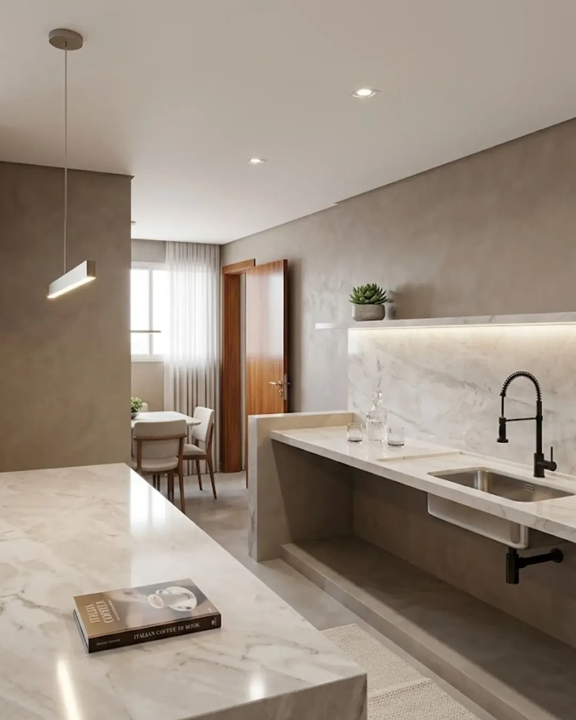 Cozinha americana do Apartamento LSP, com bancada em pedra natural e iluminação embutida